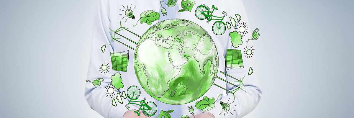 Dessin d'une planète terre verte entourée d'un vélo, d'une prise électrique, d'une voiture électrique, de panneaux solaires, d'éoliennes et d'une ampoule